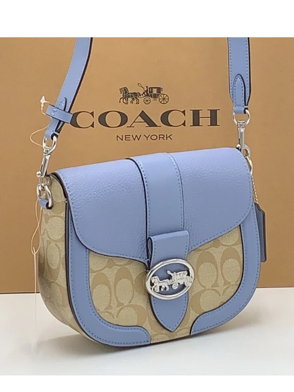 COACH Georgie Saddle Bag In Signat Canvas COLOR:
Silver/Light Khaki/Marble
Blue - Picture 3 of 16